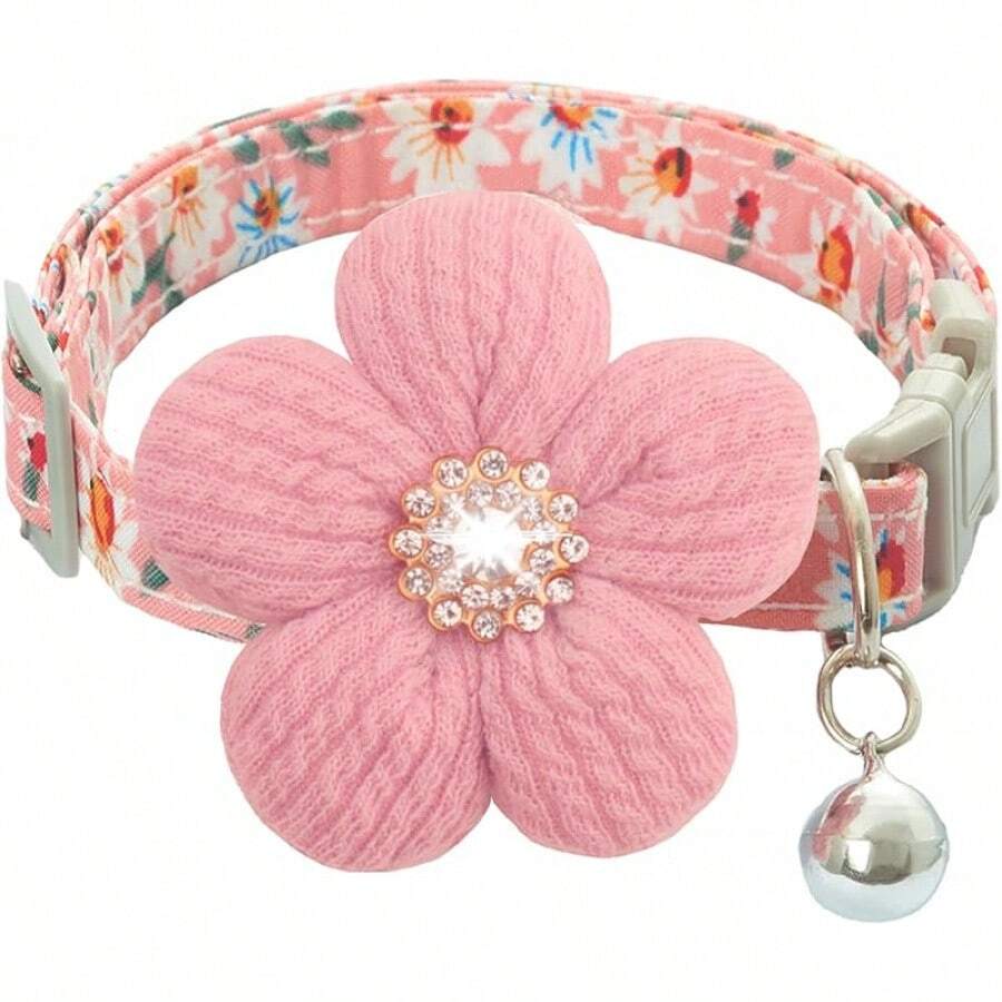 Collar pequeño para perro con flor, collar de cachorro para perras, collares para perros pequeños, lindo collar de perro con campana, longitud ajustable (rosa) - Rosa - Ver 1