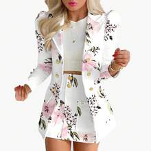 Women's Clothing Fashion Temperament Printed Princess Sleeve Short Skirt Suit Professional Wear Women's Two-Piece Suit Womenswear Gamis Comfort Basic - white flower - 查看 1