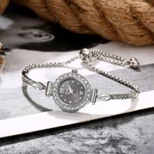 1 Stück Uhr mit Strass, goldfarbenes/silberfarbenes rundes Zifferblatt, Quarzuhrwerk, verstellbares Armband, raffinierte Party-/Geschenkuhr