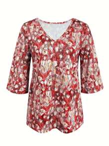 Camiseta con cuello en V y estampado floral, top de 3/4 de manga para vacaciones y uso diario, ropa de mujer