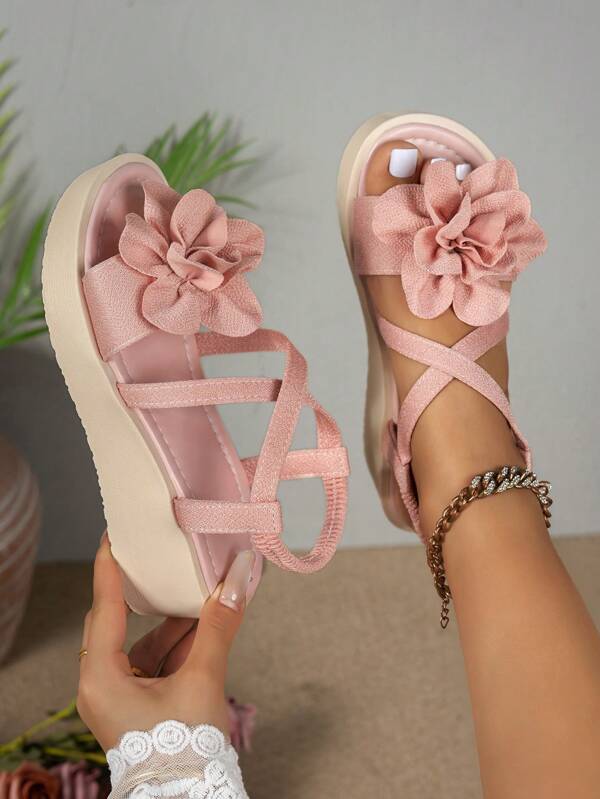 Peach Embellished Wedge Platform Sandals For Women, Comfortable Criss-Cross Ankle Strap Easy Slip-On, Casual Beach Resort Sandals, Fashionable Thick-Sole Shoes, Open Toe Design, Suitable For Beach And Casual Outings