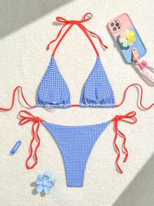 2件套女士2025新款欧美风蓝白格纹比基尼泳衣套装，适合度假海滩夏季穿着 - 淺藍色 - 查看 2