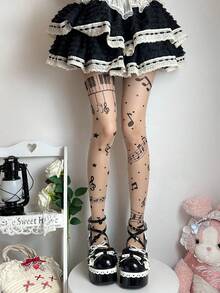 1pc Y2K Sexy Music Note Print Pantyhose, Lightweight For Spring/Summer - Multicolor - View 5