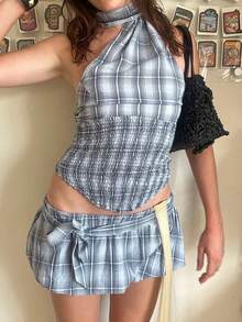 Women Summer Gingham Skirts Set Y2K Sleeveless Halter Crop Top Backless Camisole With Low Waist Bow Belted Bubble Skirt 2 Piece Outfit - 淺灰色 - 查看 6