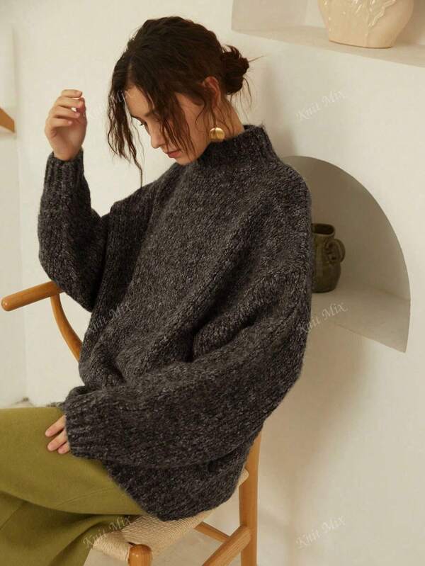 Knit Mix Women's Thick Knit French Style High Neck Long Sleeve Sweater, Plus Size Retro Pullover For Fall And Winter, Casual Everyday Wear Back To School Fall Women Clothes Autumn