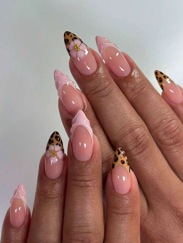 24 Pieces Of Press On Nails Almond Golden Brown French Leopard Print Dreamy Light Pink Small Flowers 3D Lines Cute Nails Gentle Temperament Style Girl Daily Life Office Party Essential Fake Nails With Jelly Glue 1 Piece File Strip 1