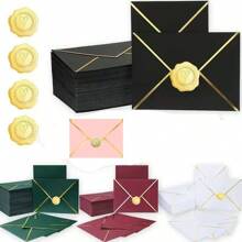 10pcs-50pcs Paper Envelopes With Thank You Stickers For Invitations With Gold Border, Gift Cards Envelopes Self Adhesive Invitation Envelopes With V-Flap, Great For Graduation, Invitation, Baby Shower, Wedding,School Supplies,Back To School