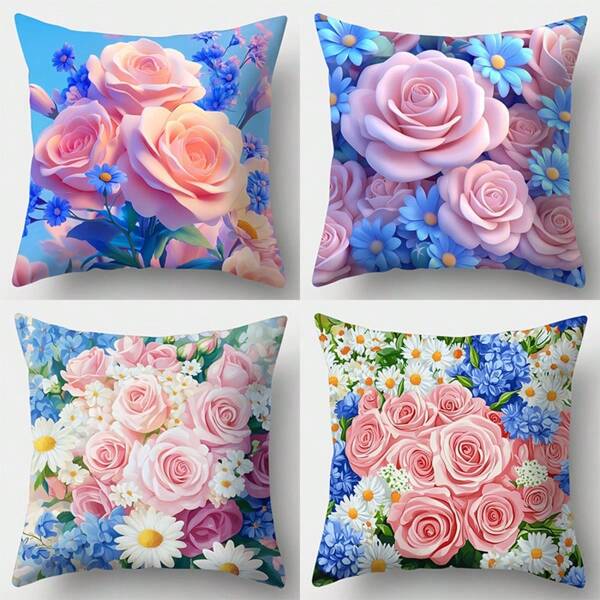 4-Piece Set, 17.7" X 17.7" Rose Floral Throw Pillow Covers, Single-Sided Printing, Home Decor, Sofa Lumbar Cushion Covers, Pillow Covers Only (No Inserts)