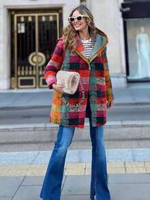 女士秋冬长袖口袋不规则格纹印花轻薄连帽开襟羊毛衫，休闲时尚街头风格纹外套 - 紫色 - 查看 7