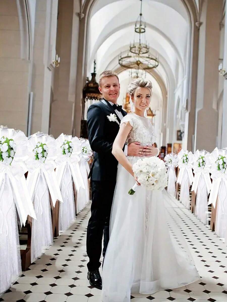 12 件白色婚礼椅子装饰,白色花卉过道装饰,婚车薄纱花饰,62.99 英寸透明面料,教堂婚礼过道椅子装饰,适用于新娘送礼会,椅背装饰,婚车装饰,周年纪念 - 彩色 - 查看 1