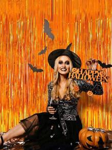 2/1pc Orange Tinsel Curtain, Autumn Streamer Back To School Graduation Decor, Halloween Thanksgiving Birthday Party Background, Photo Booth Prop