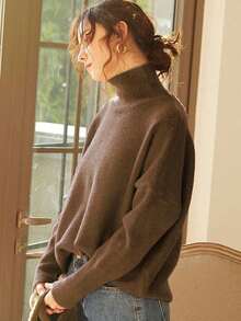 Knit Mix Suéter holgado de cuello alto de punto, adecuado para otoño/invierno, jersey de manga larga grueso, patrón de moneda retro vintage, versátil de moda para Navidad, Año Nuevo, San Valentín, temporada de regreso a clases - Marrón - Ver 4