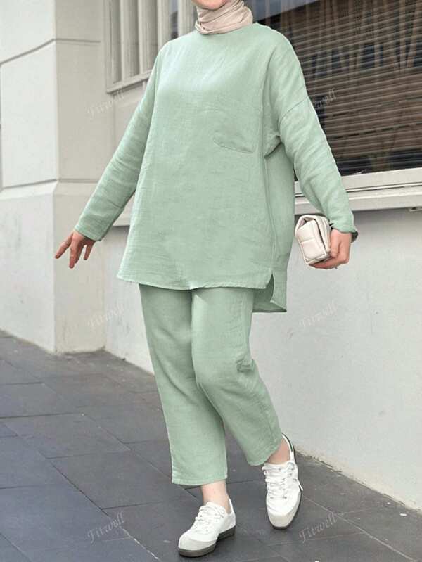 New Arrival Loose Casual Arab Retro Style Batwing Solid Color Two Pieces Set For Women, Modest