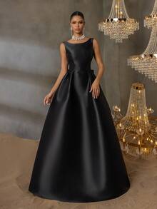 This Elegant And Refined Wedding Dress Features A Boat Neckline, Sleeveless Backless Design, And An Eye-Catching Waist Bow Accent. The A-Line Silhouette Is Suitable For Weddings, Formal Ceremonies, Church Events, Grand Galas, And Destination Celebrations, Making It An Ideal Choice For The Bride. - Black - View 8