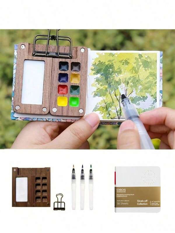 6pcs Mini Travel Palette Set, Portable Watercolor Kit, 8/15 Grid Paint Box, Sketchbook, Binder, And Brushes For Artists And Students Back To School,Mother's Day,Mom's Gift