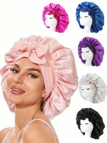 1pc Luxury Pink Satin Bonnet With Adjustable Drawstring And Bow Accent - Soft Hair Protection For Women And Men, Comfortable Ruffle Design, Snug Fit, Hair Care | Satin Bonnet | Smooth Satin Finish Back To School