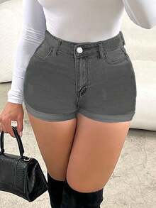 Shorts vaqueros ceñidos de tiro alto con bolsillos y dobladillo con puños - Gris Claro - Ver 5
