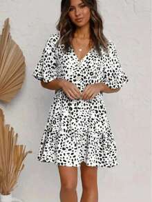 时尚我春夏豹纹涤纶面料数码印花波点V领休闲优雅连衣裙（女款）白色 - 白色 - 查看 3