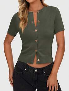 Womens Casual Summer Short Sleeve Cardigans Button Down Knitted Sweater Basic Crew Neck Crop Tops - xanh quân đội - Xem 3