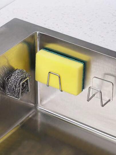 2pcs Stainless Steel Sponge Drain Rack, No Drilling Required Kitchen Sink Organizer Wall Mount Pot Lid Holder, Home Use Back To School