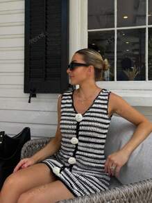 Women's Dresses Women's Summer Dresses Women's Tank Top Women's Elegant Vacation Wear Women's Beachwear Women's Black Dresses Black And White Stripes Clashing Color Stereoscopic White Roses Spring/Summer Fashion Elegant And Comfortable Casual Vacation Traveling Party Women's Knowledgeable Slimming Hollow Semi-Transparent V-Neck Sleeveless Short Dresses Women's Knitted Dresses