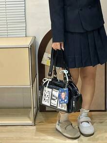 Japanese Harajuku Style Ltabag Large Capacity Cute Bowling Bag Badge Element Female Student Multi-Functional Handbag Cross-Body Bag Backpack , Bow - Black - View 3