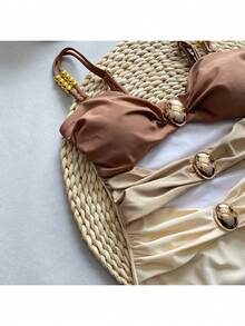 Sexy One Piece Swimsuit Color Blocking Halter Bikini With Metal Clasp Design,Beach And Resort One Piece Swimsuit,Metal Decor,Cut Out,Double Straps,Solid Color,For Women,Mature Swimsuit Set For Women,Featuring Adjustable Strap Top Decorated With Metallic Beads In Tricolor Cutout And Regular Triangle Bottom - 卡其色 - 查看 8