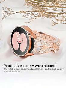 Huastonband 二合一套装：1) 玫瑰金镀硬质材料宝石水晶屏幕保护膜外壳，兼容 Galaxy Watch 3/4/5/6 系列 40mm/44mm/45mm；2) 可调节宝石水晶蝴蝶形金属表带，适合 Galaxy Watch 3/4/5/6/7 系列，青春时尚女性设计 - 玫瑰金 - 查看 6