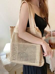 Bolso de hombro de mujer tejido a crochet de estilo minimalista y hueco, con gran capacidad y con hilos gruesos de punto, bolso de malla para compras, bolso de playa y de viaje, bolso bohemio de moda de verano de punto con diseño hueco tejido a mano.