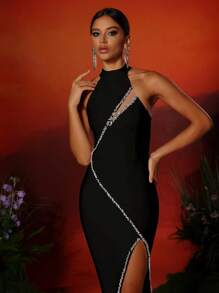 Love Aing LOVE Aing Damen Elegantes Pailletten verziertes Tüllpanel Schlitz Bodycon Party Kleid, geeignet für Hochzeit, Bankett, Abschlussball