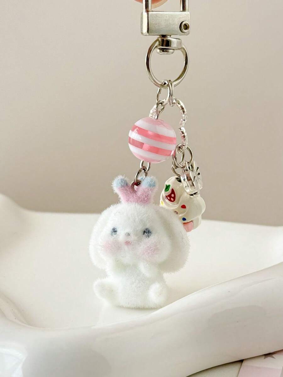 1pc Unisex Cartoon Flocked Hanging Rabbit Keychain Cute Ball Cake Pendant Decoration For Backpack - Multicolor - View 1