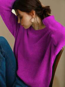 Knit Mix 优雅女士针织法式通勤毛衣，休闲宽松长袖圆领套头衫，适合秋冬季、圣诞节、感恩节、新年、情人节等节日穿着，也是返校季和秋季女装的理想之选。 - 玫紅色 - 查看 4