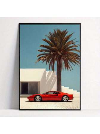 1pc Canvas Poster, Modern Art, Vintage Modern Luxury Cool Red Sports Car House Palm Nature Landscape Illustration, Ideal Gift For Bedroom Living Room Corridor, Wall Art, Wall Decor, Winter Decor, Room Decoration Canvas Painting And Prints Wall Art Picture For Bedroom Home Decor Wall Sticker Sticker Stickers
