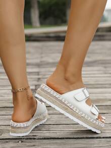 时尚厚底舒适一脚蹬女士夏季凉鞋，休闲沙滩带拖鞋