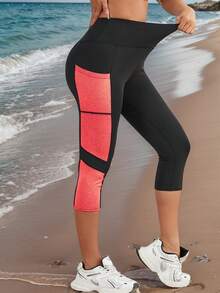 高腰提臀瑜伽裤，带口袋，撞色拼接，紧身运动打底裤，女式弹力户外打底裤