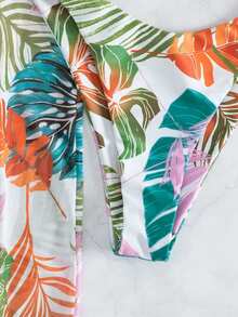 Tropical Print High Slit 3 Piece Bikini Set, Summer Beach Cover Up, 3 Pieces Beach And Vacation Outfits Set For Women: Ruched Strappy Bikini Swimsuit Set With Hard Cup + Semi-Sheer Botanical Print Bottoms - 彩色 - 查看 7