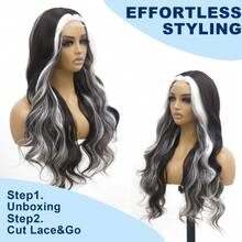 26 Inches Ombre White To Black Color Long Wavy Wig 4x1 Frontal Wigs Piano Color Hair Wig Loose Wave Glueless Lace Wig Body Wave Synthetic Heat Resistant Fiber Hair Wig 4*1 HD Transparent Lace Front Wig White Mixed Black Hairpiece Closure Wigs For Everyday Parties Wear Christmas Holiday Dress - 間色 - 查看 3