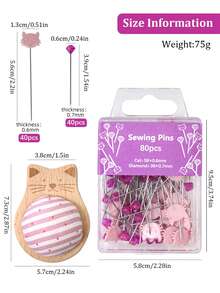 1 Bộ Gối Kim Mèo Sọc + 80 Ghim Đầu Kim Cương Hình Mèo, 20 Gối Kim Nút Gỗ Sồi Chạm Khắc Có Ghim, Thích Hợp Cho May Vá, Chần Bông, Kim Cố Định - Nhiều màu - Xem 4