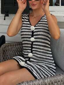 Women's Dresses Women's Summer Dresses Women's Tank Top Women's Elegant Vacation Wear Women's Beachwear Women's Black Dresses Black And White Stripes Clashing Color Stereoscopic White Roses Spring/Summer Fashion Elegant And Comfortable Casual Vacation Traveling Party Women's Knowledgeable Slimming Hollow Semi-Transparent V-Neck Sleeveless Short Dresses Women's Knitted Dresses