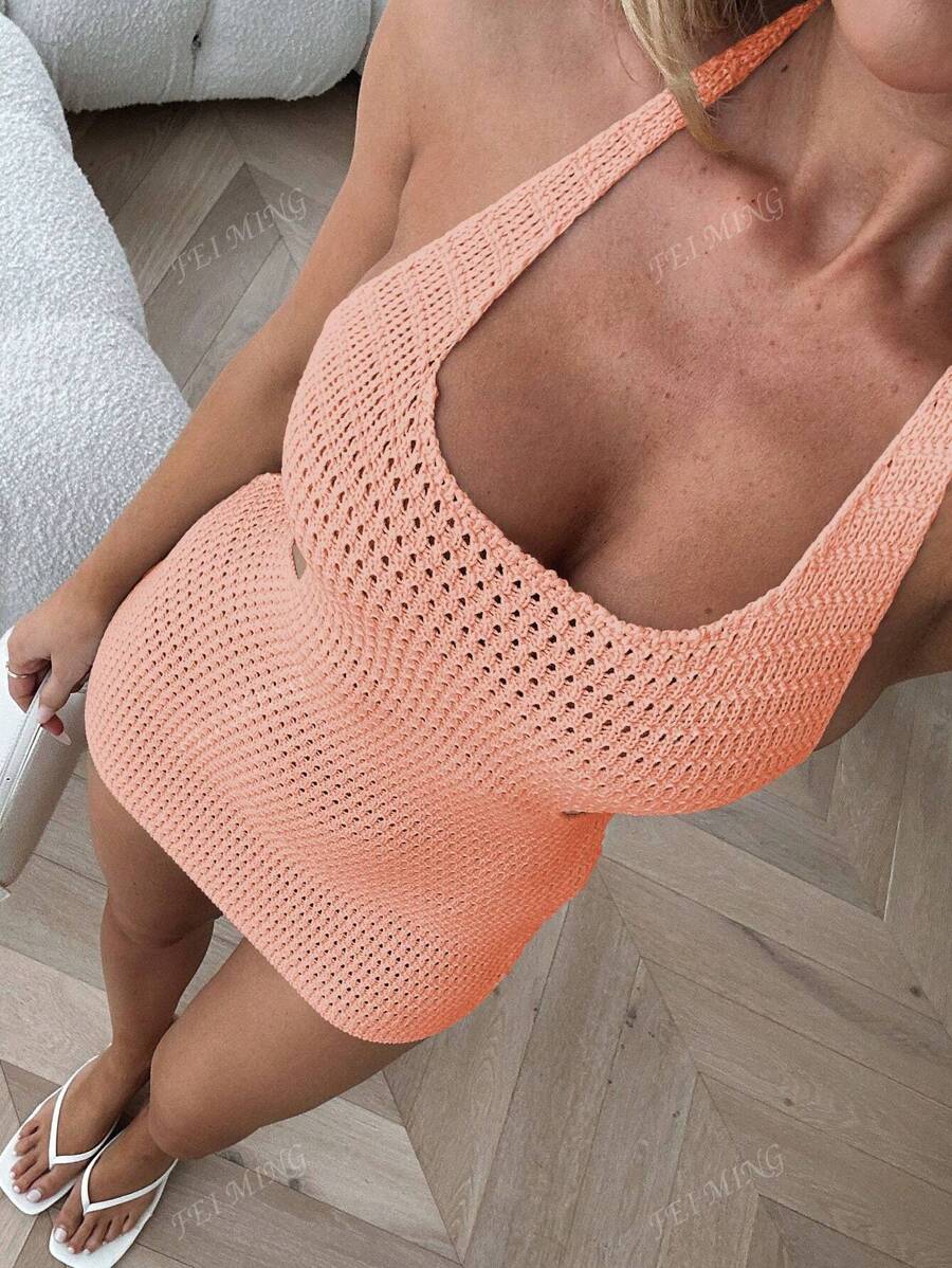 Vestido mini de sirena con espalda descubierta, cruzado de tiras, lazo, apertura lateral en la cintura y sexy, adecuado como cubierta para la playa