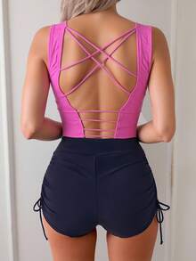 Top de tirantes liso con estampado en inglés - Rosa - Ver 2