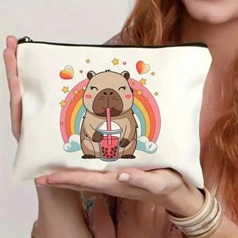 Just A Girl Who Loves Capybaras' Cartoon Design Cosmetic Bag, Makeup Tool Storage Pouch, Lightweight Portable Makeup Bag, Canvas Travel Organizer, Double-Sided Printing, With Lining, Gift For Friends, Teachers, Family, Christmas Gift