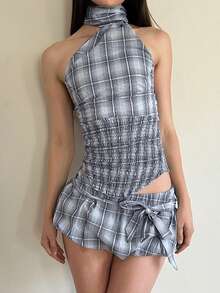 Women Summer Gingham Skirts Set Y2K Sleeveless Halter Crop Top Backless Camisole With Low Waist Bow Belted Bubble Skirt 2 Piece Outfit - 淺灰色 - 查看 4