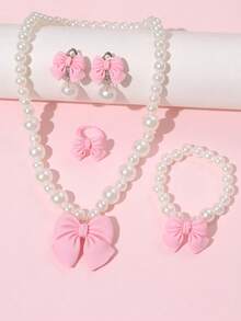 5 件/套女孩可爱珍珠蝴蝶结项链手链耳环戒指首饰套装，简约百搭 - 彩色 - 查看 10