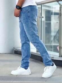 Regular Fit Men Classic Denim Jeans - Soft Slight Stretch Fabric, Washed Solid Color, All-Season Comfortable Basics For Teen - Woven, No Sheer, Regular Length