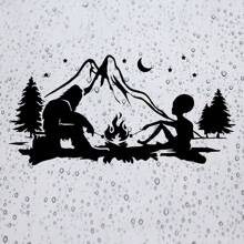 1 Pc Bigfoot And Alien Campfire Vinyl Decal, Waterproof Die-Cut Camping Sticker For Car Truck Rv Camper Trailer Caravan, No-Background