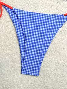 2件套女士2025新款欧美风蓝白格纹比基尼泳衣套装，适合度假海滩夏季穿着 - 淺藍色 - 查看 5