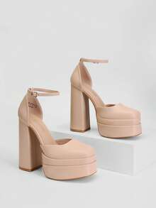 Women High Chunky Platform Closed Toe Block Heels Square Toe Ankle Strap Dress Wedding Party Festival Prom Pumps Shoes - 杏色 - 查看 4