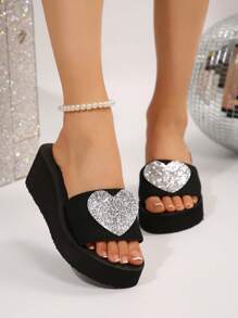 Sandalias de verano para mujer nuevas, con suela gruesa antideslizante decorada con diamantes falsos, de doble correa y tacón alto, adecuadas para usar en el exterior, la playa, bodas y vacaciones