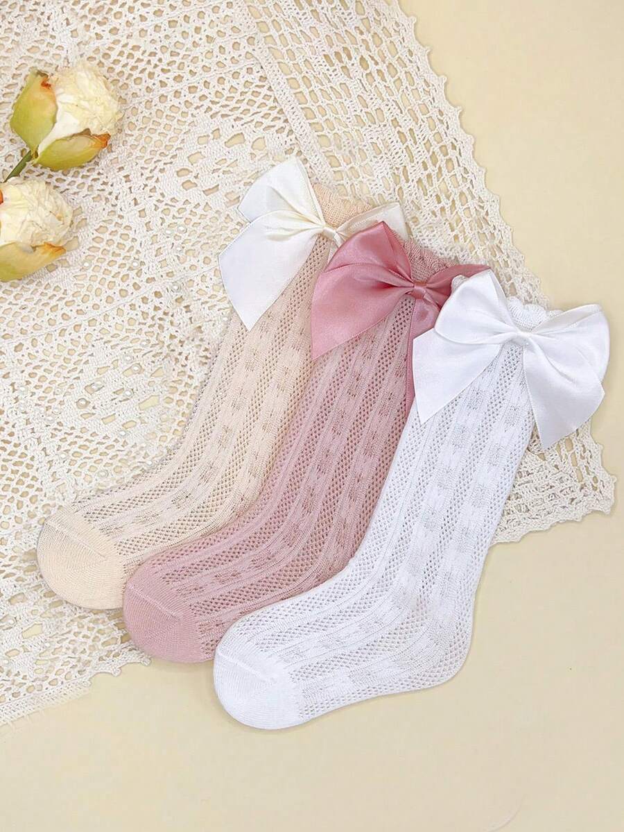 3 Pairs Girls' Summer Butterfly Design Mesh Thin Straight Socks - Multicolor - View 1